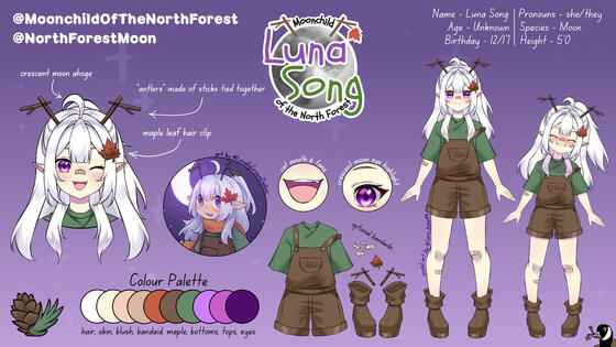 Moonchild Luna Full Reference Sheet: Key points are white hair, purple eyes, maple leaf hair accessory/clip, antlers made of sticks/twigs/branches, horizontal straight-out elf ears, and green-brown colour palette outfit.