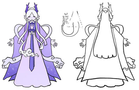 Luna's "planet mama" from before she crash landed on Earth. Traditional Asian/Chinese goddess aesthetic. Purple-white-gradient-toned hanfu, with deity-type floaty ribbons of ancient art style clouds. Ponyo's mother vibes.