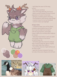 Fennec-fox-inspired ears. Canadian goose patterned fur. Cat-fox face and body shape. Arms have winged sides. Stick antlers, maples on both sides of head at base of antlers. Upwards dark fur ahoge & forehead downwards crescent light fur ahoge.