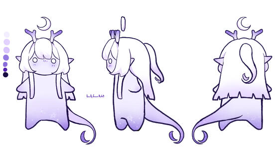 Made up of only purple and white gradients, faint starry galaxy substance. Eyes are made of light. Mouth optional. Antlers, pointy ears (not upwards), hovering crescent moon shaped ahoge-halo. Hair cut is very straight-neatly-chopped. Limbs/hands/feet are