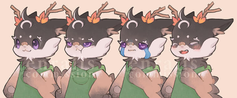 Fennec-fox-inspired ears. Canadian goose patterned fur. Cat-fox face and body shape. Arms have winged sides. Stick antlers, maples on both sides of head at base of antlers. Upwards dark fur ahoge & forehead downwards crescent light fur ahoge.