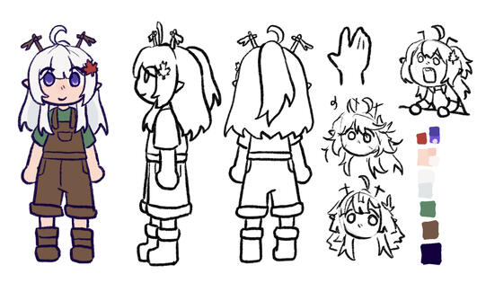 Moonchild Luna Full Reference Sheet: Key points are white hair, purple eyes, maple leaf hair accessory/clip, antlers made of sticks/twigs/branches, horizontal straight-out elf ears, and green-brown colour palette outfit.